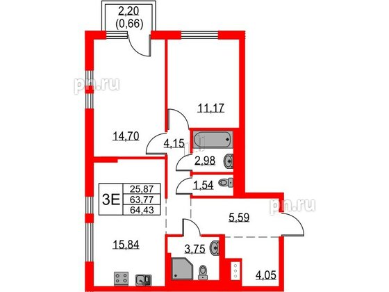 Квартира в ЖК Невская долина, 2 комнатная, 64.43 м², 2 этаж