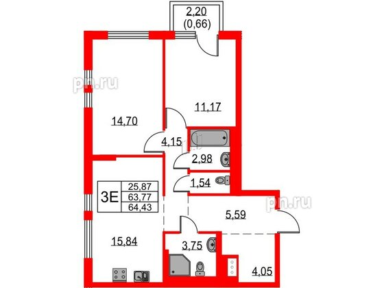 Квартира в ЖК Невская долина, 2 комнатная, 64.43 м², 4 этаж