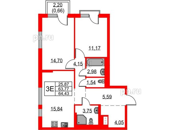 Квартира в ЖК Невская долина, 2 комнатная, 64.43 м², 11 этаж