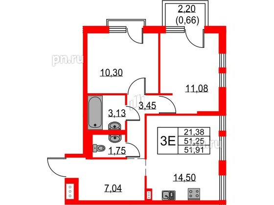 Квартира в ЖК Невская долина, 2 комнатная, 51.91 м², 11 этаж