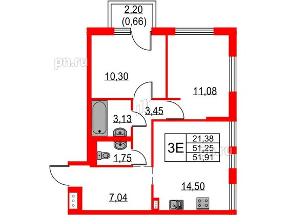 Квартира в ЖК Невская долина, 2 комнатная, 51.91 м², 12 этаж