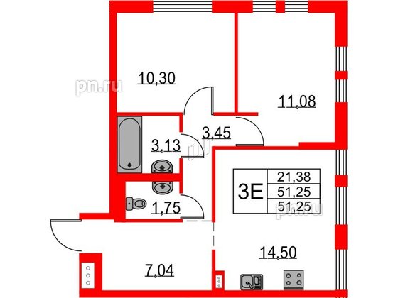 Квартира в ЖК Невская долина, 2 комнатная, 51.25 м², 16 этаж