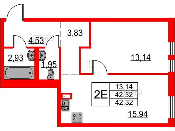 Квартира в ЖК Невская долина, 1 комнатная, 42.32 м², 2 этаж