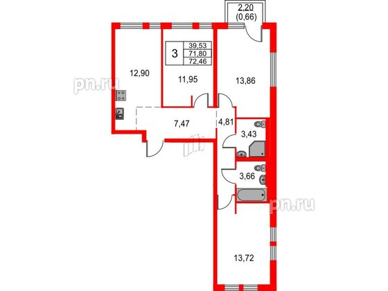 Квартира в ЖК Невская долина, 3 комнатная, 72.46 м², 3 этаж