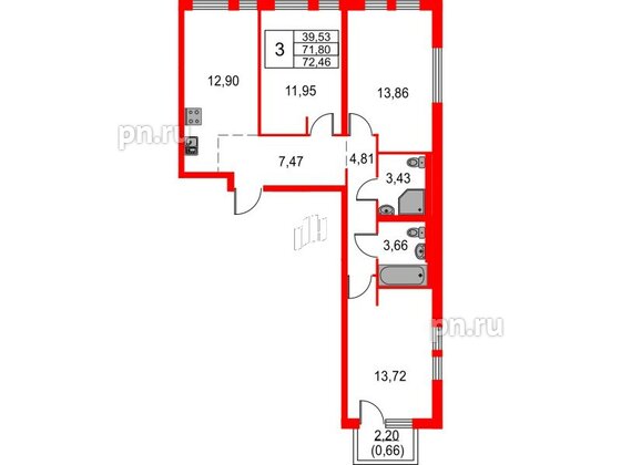 Квартира в ЖК Невская долина, 3 комнатная, 72.46 м², 8 этаж