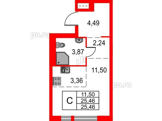 Квартира в ЖК Невская долина, студия, 25.46 м², 2 этаж