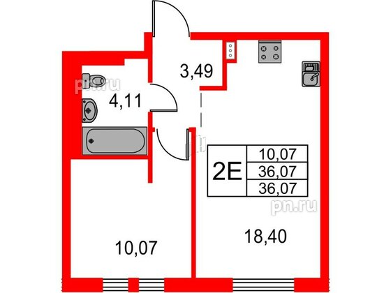 Квартира в ЖК Невская долина, 1 комнатная, 36.07 м², 6 этаж