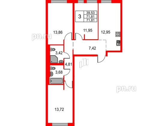 Квартира в ЖК Невская долина, 3 комнатная, 71.81 м², 1 этаж