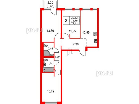 Квартира в ЖК Невская долина, 3 комнатная, 72.41 м², 4 этаж