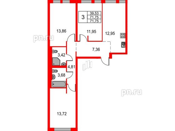 Квартира в ЖК Невская долина, 3 комнатная, 71.75 м², 11 этаж