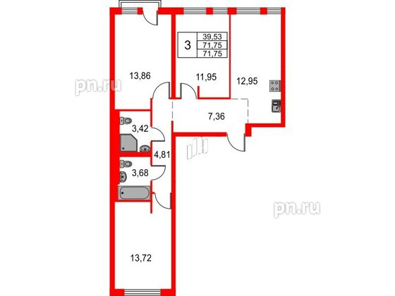 Квартира в ЖК Невская долина, 3 комнатная, 71.75 м², 14 этаж