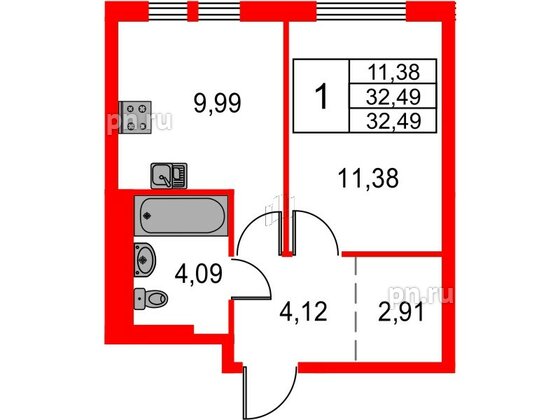 Квартира в ЖК Невская долина, 1 комнатная, 32.49 м², 3 этаж