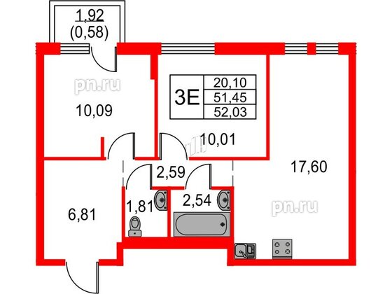 Квартира в ЖК Невская долина, 2 комнатная, 52.03 м², 3 этаж