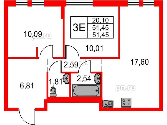 Квартира в ЖК Невская долина, 2 комнатная, 51.45 м², 5 этаж