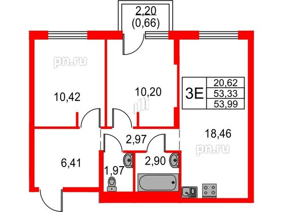 Квартира в ЖК Невская долина, 2 комнатная, 53.99 м², 2 этаж