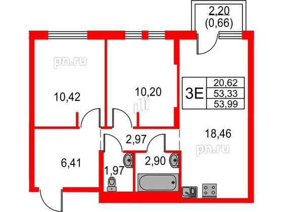 Квартира в ЖК Невская долина, 2 комнатная, 53.99 м², 4 этаж