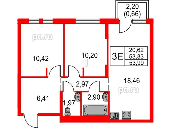 Квартира в ЖК «Невская долина», 2 комнатная, 53.99 м², 9 этаж