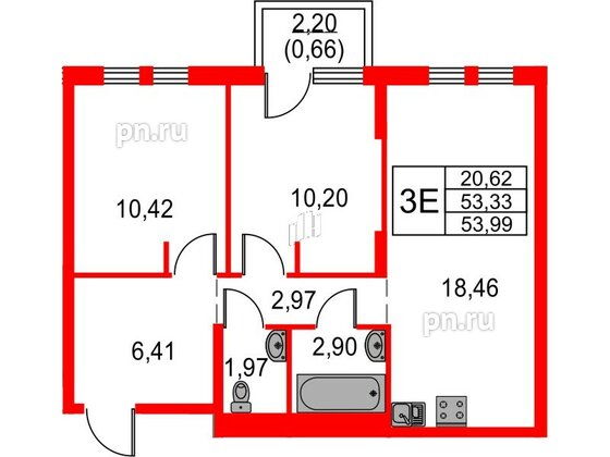 Квартира в ЖК Невская долина, 2 комнатная, 53.99 м², 15 этаж