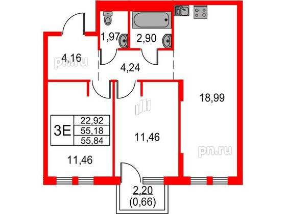 Квартира в ЖК Невская долина, 2 комнатная, 55.84 м², 3 этаж