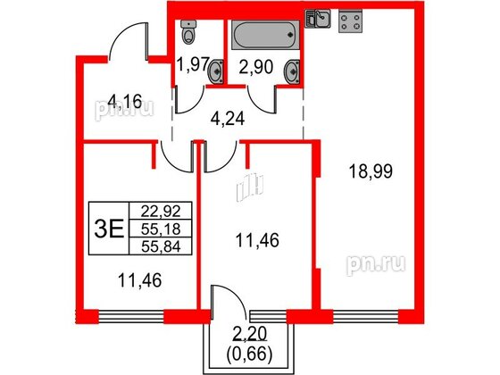 Квартира в ЖК Невская долина, 2 комнатная, 55.84 м², 6 этаж