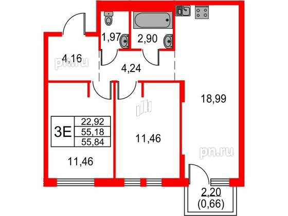 Квартира в ЖК Невская долина, 2 комнатная, 55.84 м², 12 этаж