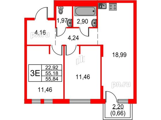 Квартира в ЖК Невская долина, 2 комнатная, 55.84 м², 13 этаж