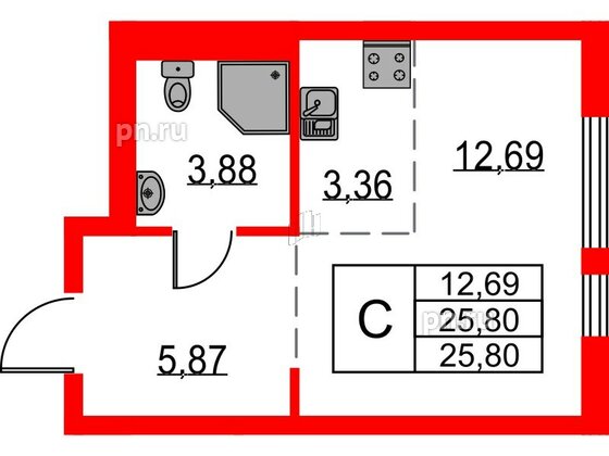 Квартира в ЖК Невская долина, студия, 25.8 м², 13 этаж