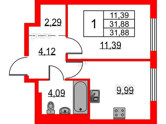 Квартира в ЖК Невская долина, 1 комнатная, 31.88 м², 1 этаж