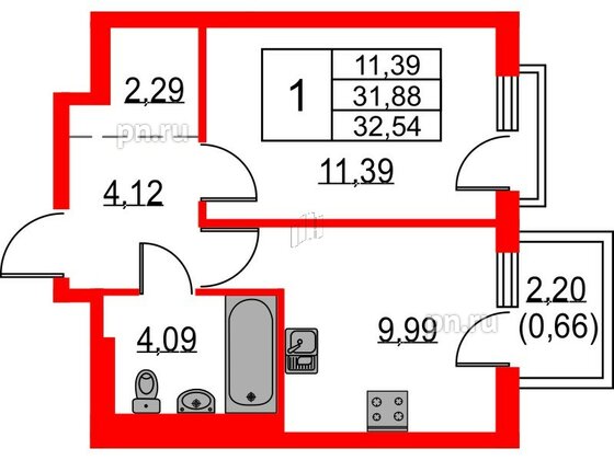 Квартира в ЖК Невская долина, 1 комнатная, 32.54 м², 2 этаж