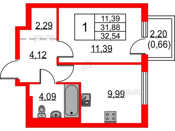 Квартира в ЖК Невская долина, 1 комнатная, 32.54 м², 4 этаж