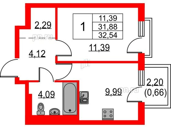 Квартира в ЖК Невская долина, 1 комнатная, 32.54 м², 10 этаж