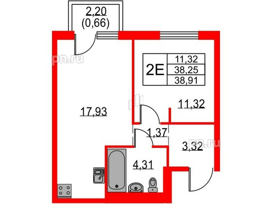 Квартира в ЖК Невская долина, 1 комнатная, 38.91 м², 2 этаж