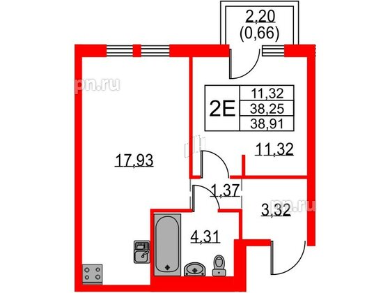 Квартира в ЖК Невская долина, 1 комнатная, 38.91 м², 4 этаж