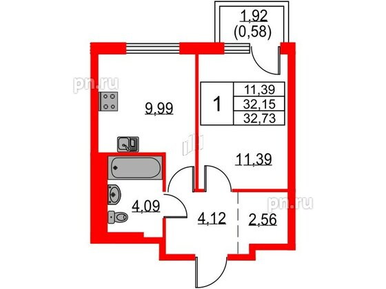 Квартира в ЖК «Невская долина», 1 комнатная, 32.73 м², 5 этаж