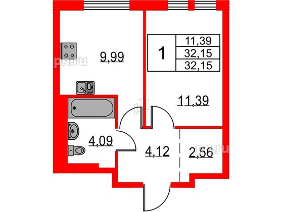 Квартира в ЖК «Невская долина», 1 комнатная, 32.15 м², 11 этаж