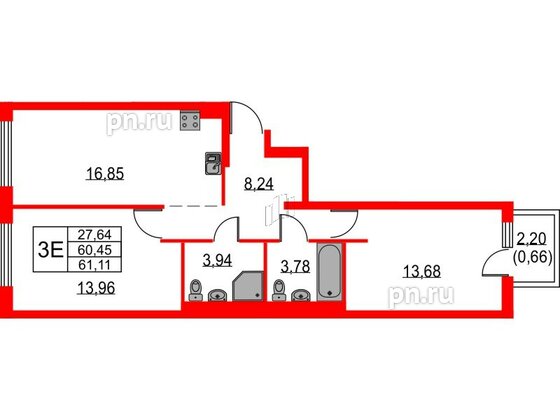 Квартира в ЖК Невская долина, 2 комнатная, 61.11 м², 3 этаж