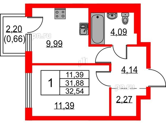 Квартира в ЖК Невская долина, 1 комнатная, 32.54 м², 3 этаж