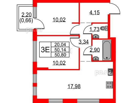 Квартира в ЖК Невская долина, 2 комнатная, 50.8 м², 10 этаж