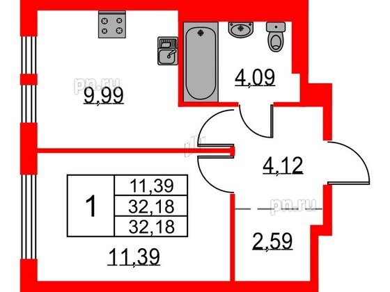 Квартира в ЖК Невская долина, 1 комнатная, 32.18 м², 10 этаж