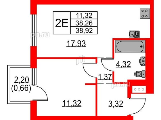 Квартира в ЖК Невская долина, 1 комнатная, 38.92 м², 2 этаж