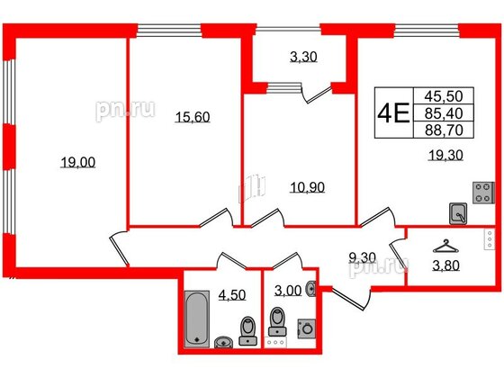 Квартира в ЖК Дубровский, 3 комнатная, 88.7 м², 1 этаж