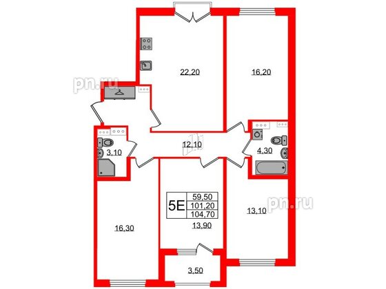 Квартира в ЖК Дубровский, 4 комнатная, 104.7 м², 2 этаж