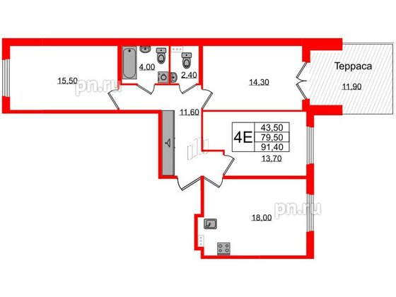 Квартира в ЖК Дубровский, 3 комнатная, 91.4 м², 1 этаж