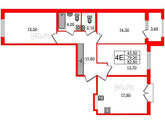 Квартира в ЖК Дубровский, 3 комнатная, 82.6 м², 2 этаж