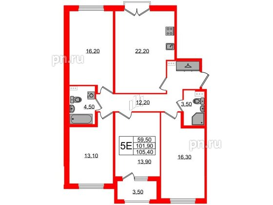 Квартира в ЖК Дубровский, 4 комнатная, 105.4 м², 2 этаж