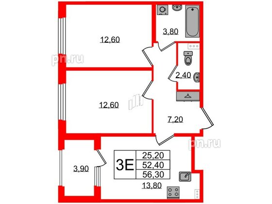 Квартира в ЖК Дубровский, 2 комнатная, 56.3 м², 1 этаж