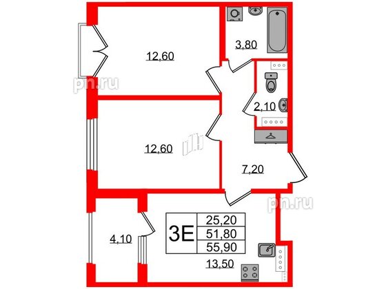 Квартира в ЖК Дубровский, 2 комнатная, 55.9 м², 3 этаж