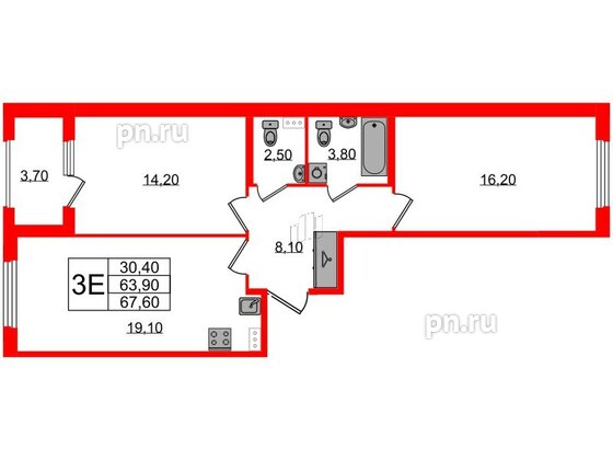 Квартира в ЖК Дубровский, 2 комнатная, 67.6 м², 1 этаж