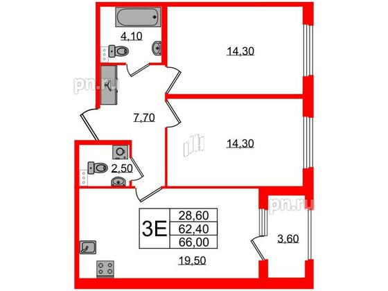 Квартира в ЖК Дубровский, 2 комнатная, 65.4 м², 1 этаж