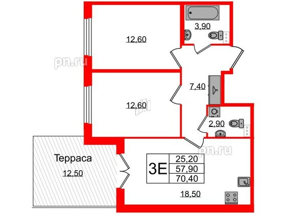 Квартира в ЖК Дубровский, 2 комнатная, 70.4 м², 1 этаж